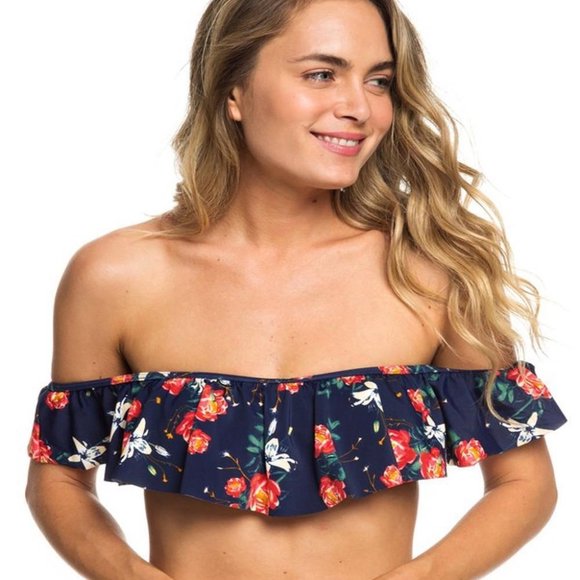 Roxy Floral Off-Shoulder Bikini Top - Navy and Red - Picture 2 of 3